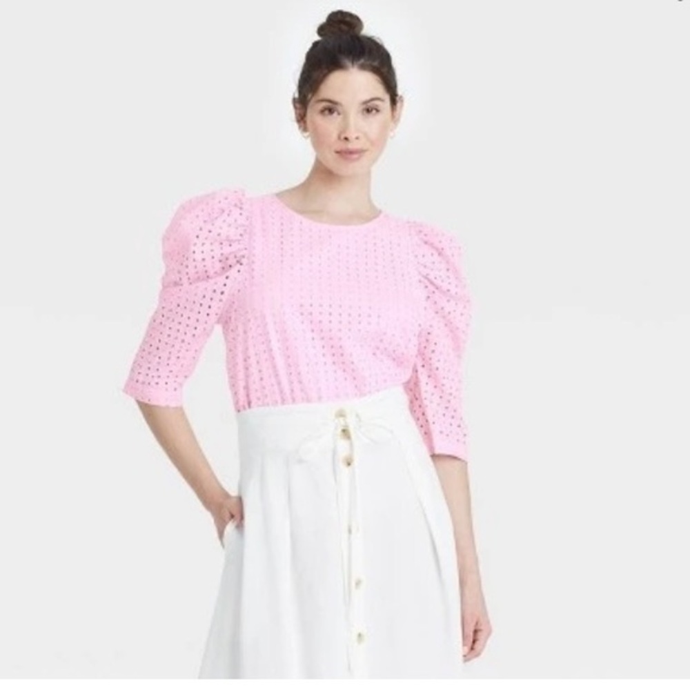 A New Day Ballon Sleeve Eyelet Blouse Pink